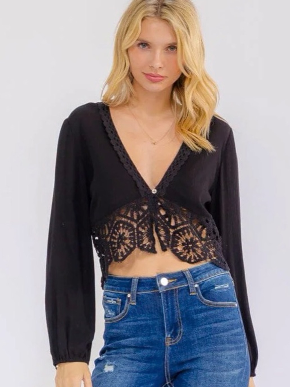 A591. Black Crochet-Trim V-Neck Crop Top